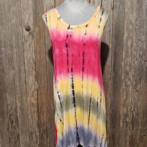 Uge M Women's Swing Dress Tie Dye Pink Yellow Tank Shift Knit Stretch Sleeveless